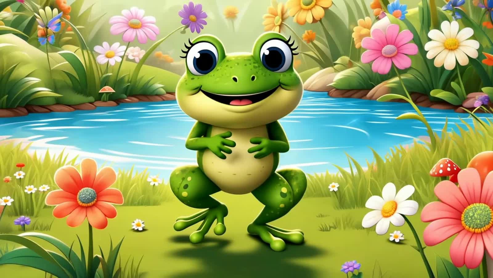 Bright and cheerful 3D cartoon frog with big friendly eyes, happily jumping up and down 
in a sunny grassy meadow. Color...