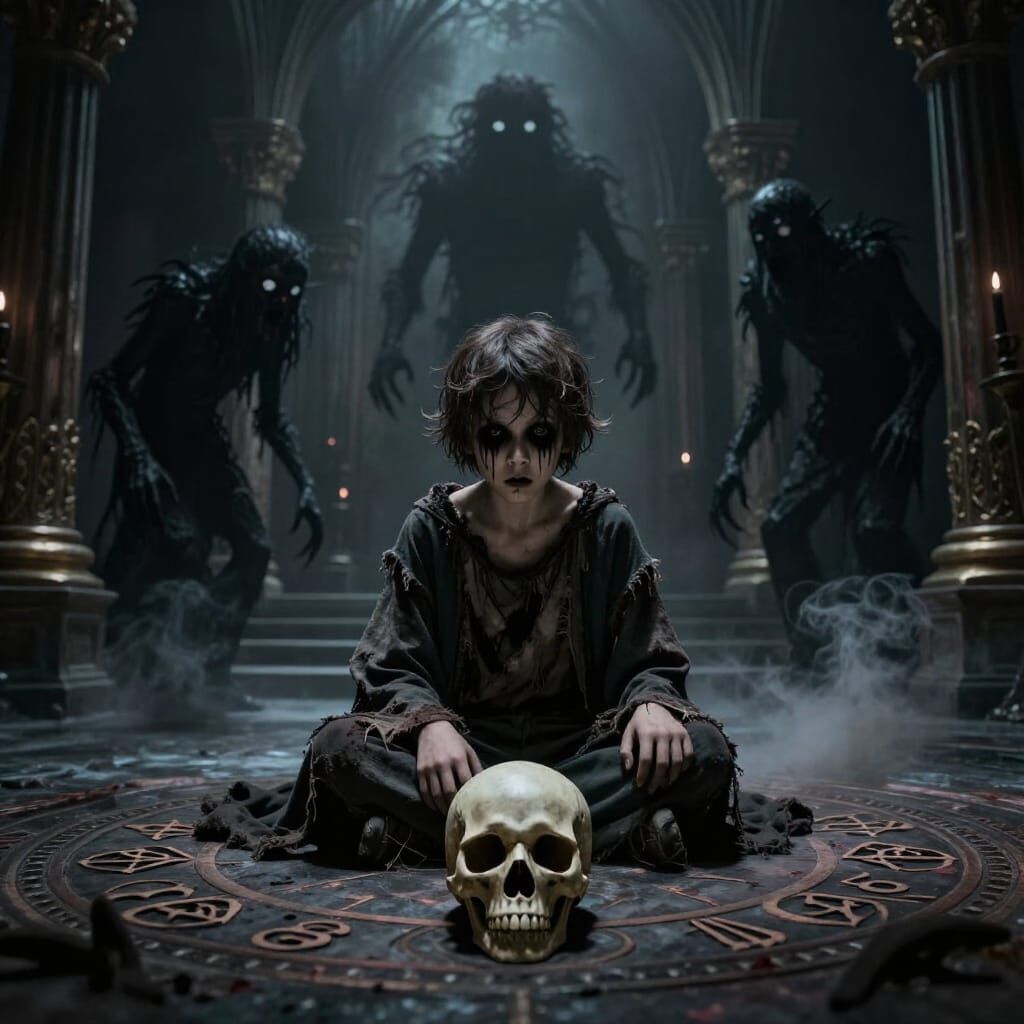 Horrifying Child in Ancient Palace with Smoke Creatures