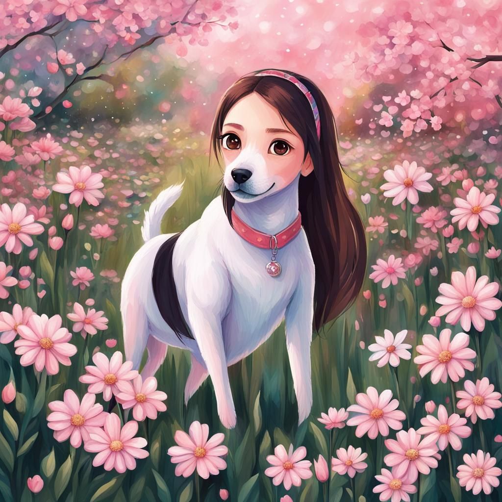 Girl, Dog, and Flowers on a Sunny Day