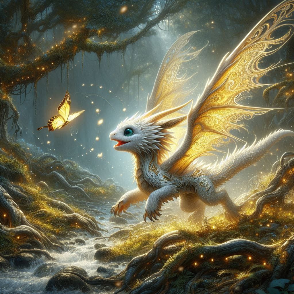 Baby dragon chasing butterflies