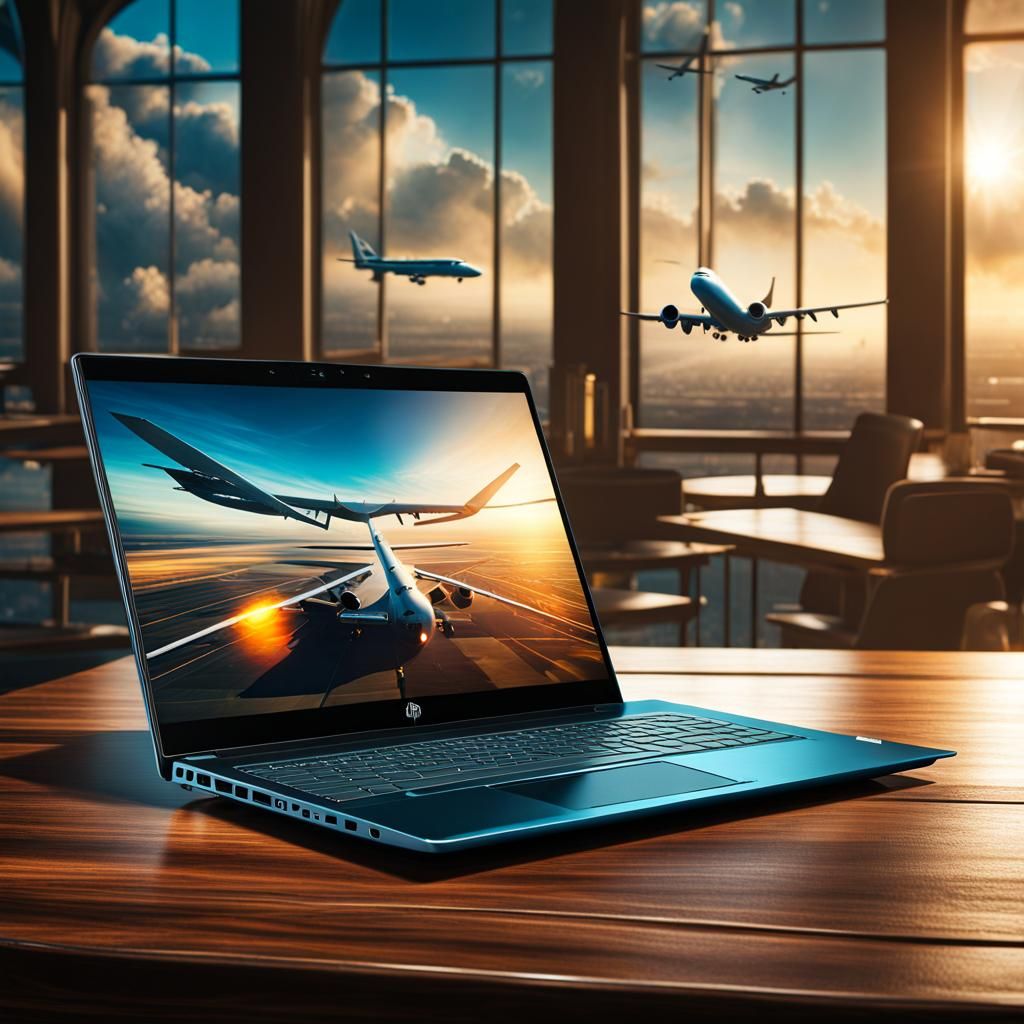 "Image of an hp 17inch laptop, on a wooden table. [a vibrant airport