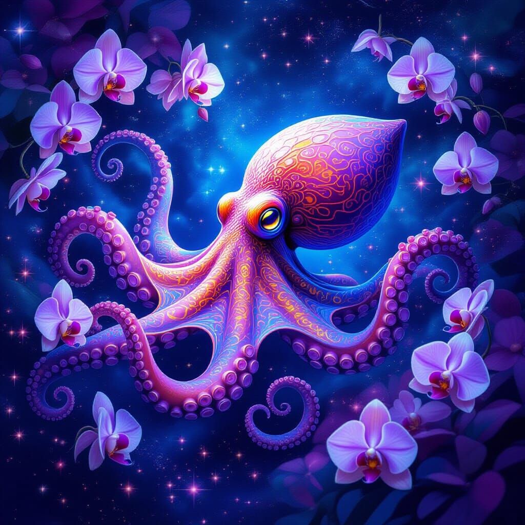 Surrealism. A giant, bioluminescent octopus drifts through a nebula of swirling orchids. Cosmic dust ...  by @DW