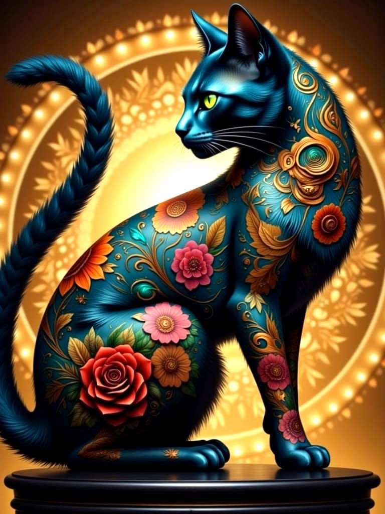 Majestic Tattooed Cat with Floral Designs