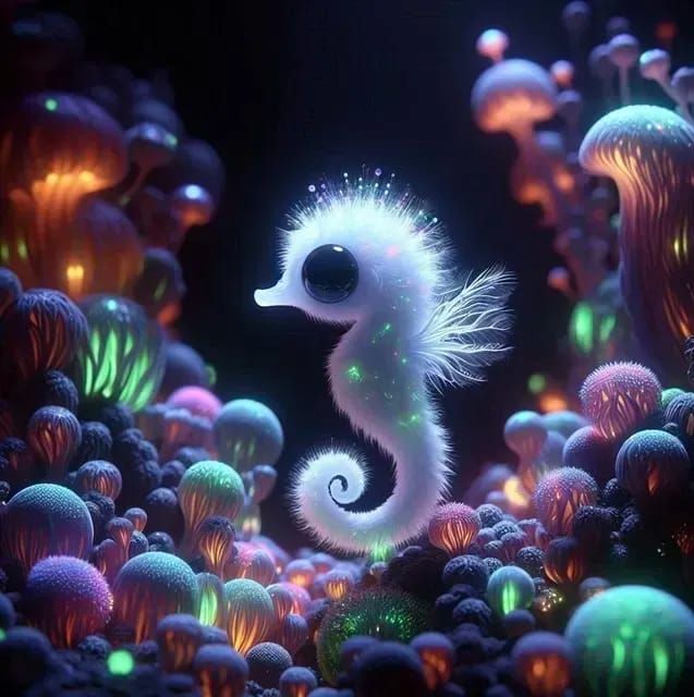 Teeny Tiny White-Purple Fluffy Seahorse