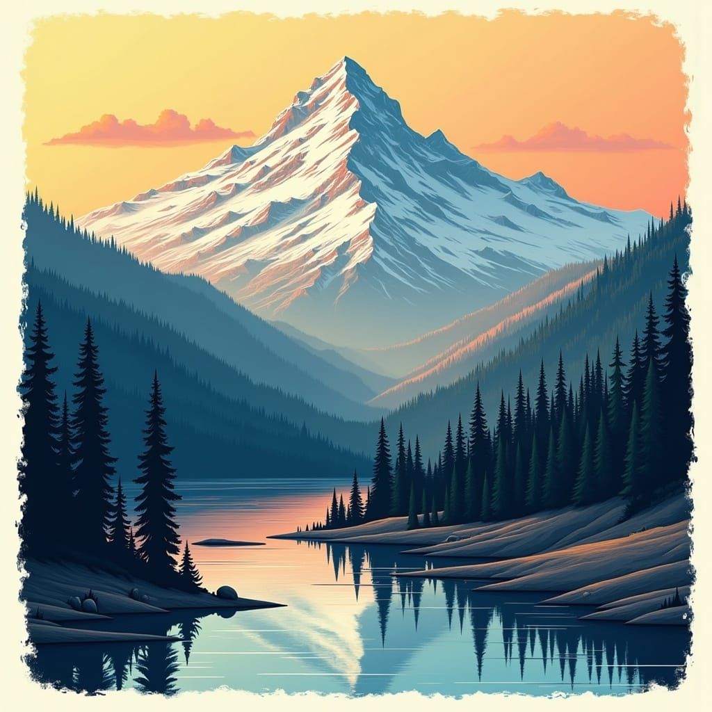 <lora:Screen Printz:1.0> Screen print of a mountain landscape