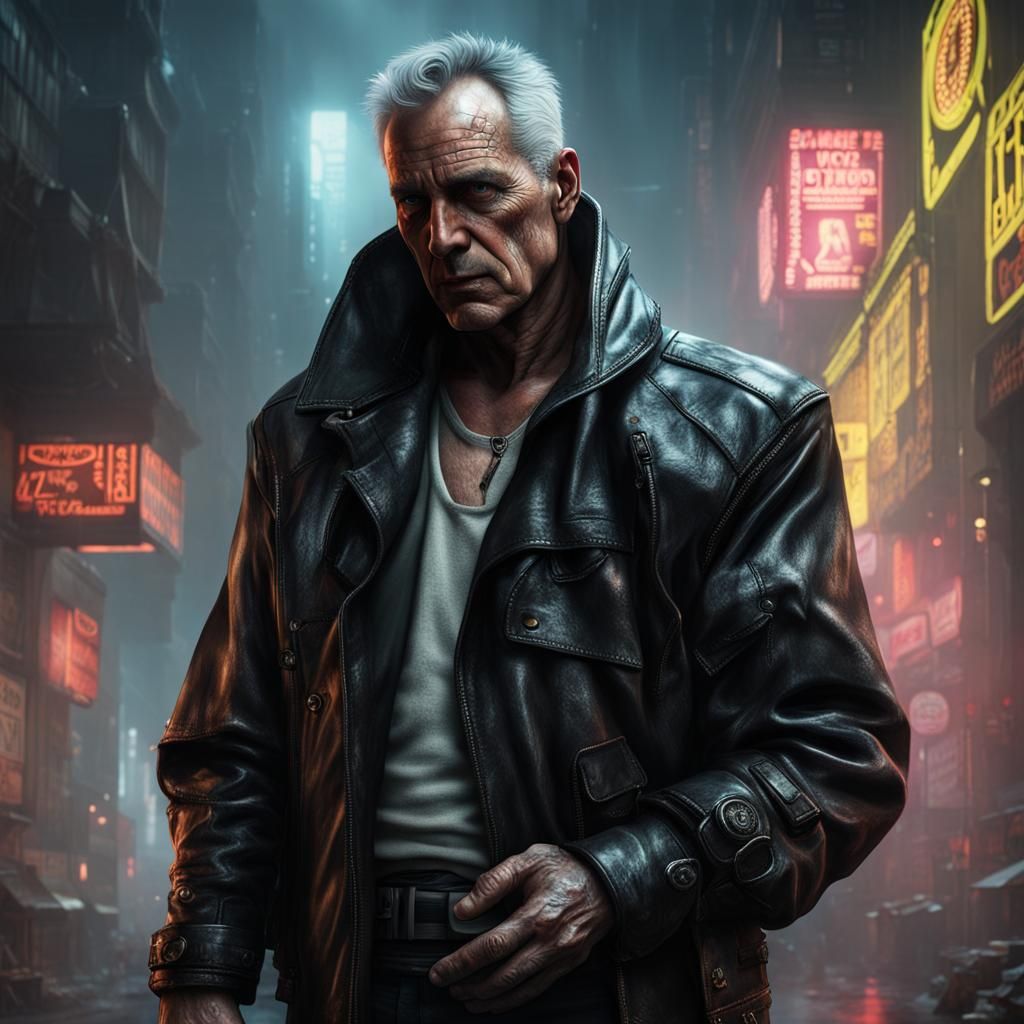 villain with cyberhand in blade runner setting. leather jack...
