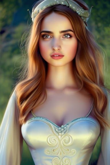 Closeup of beautiful Ana de Armas in a gorgeous dress, sunny...
