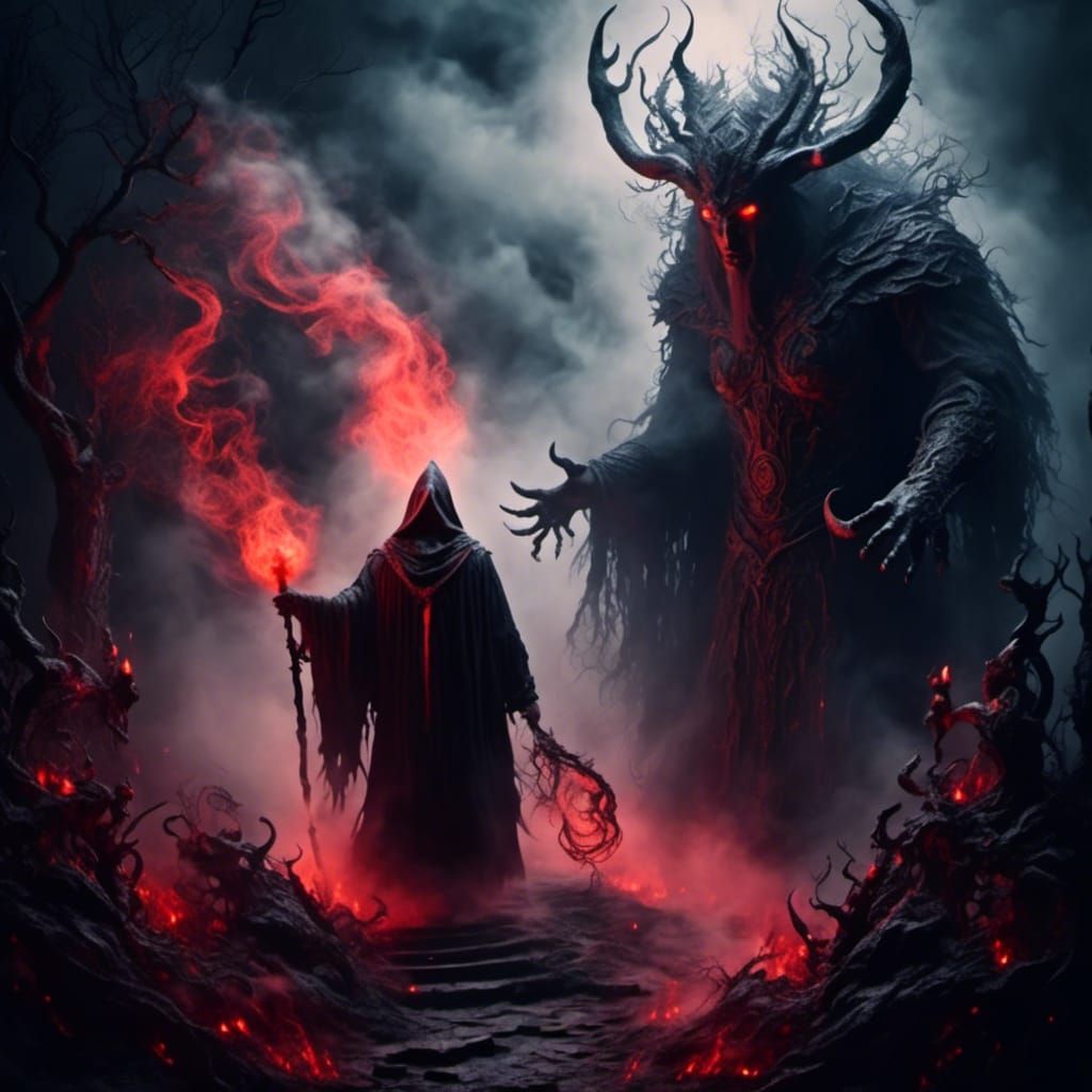 The druid turned to face a demon made from mist and ash rising from the ancient altar, ominous <lora:Obscure Creatures:1.0> 