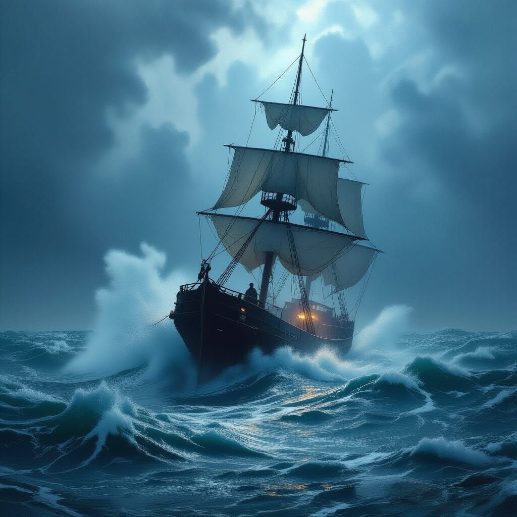 Stormy Seas: Ship in Peril, Dramatic Lighting
