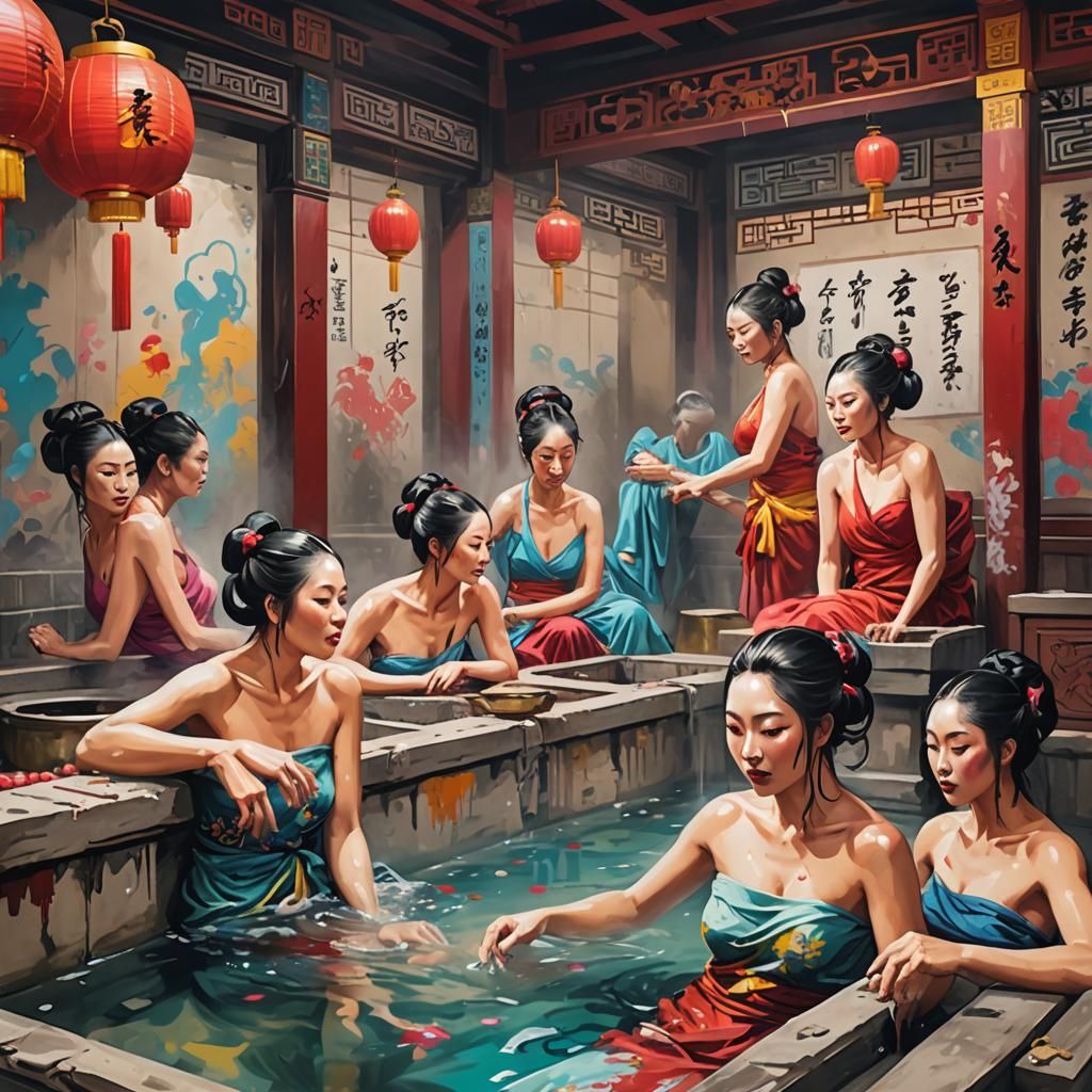Bathing women in a Chinese bathhouse, classic look, 500 BC