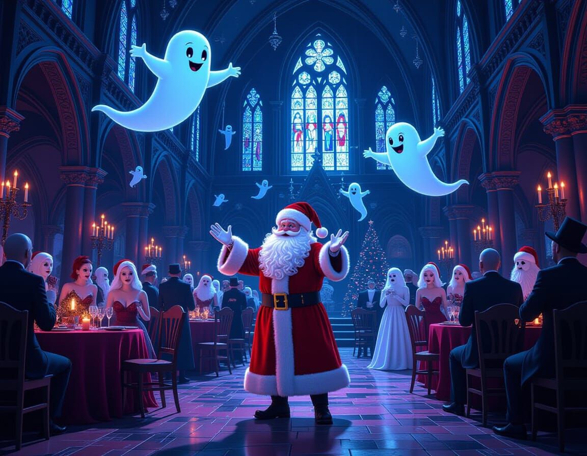 Santa Claus at a haunted Christmas party in a church, with Casper and others detailed matte painting, deep color, fantastical, intricate det...