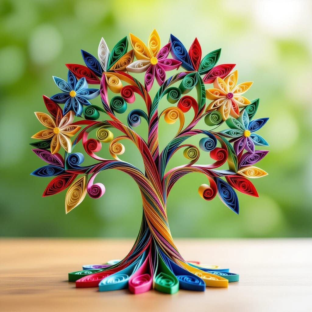 The tree of life made of quilled folded paper intricate folding vivid colours 
