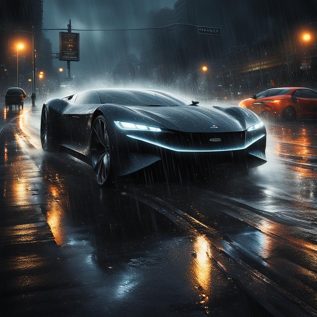 Car driving in storm