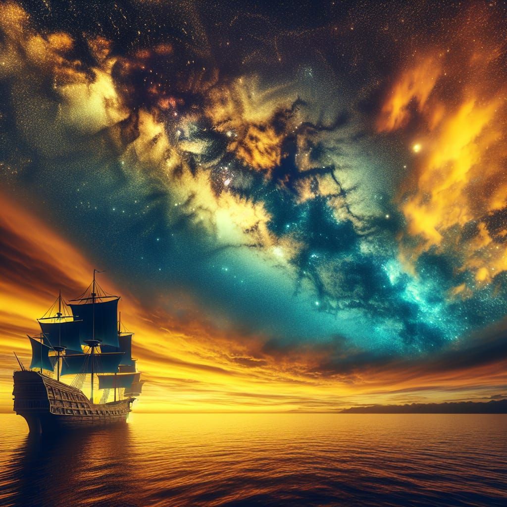 A.N ancient ship in calm sea at twilight with a a yellow-ros...