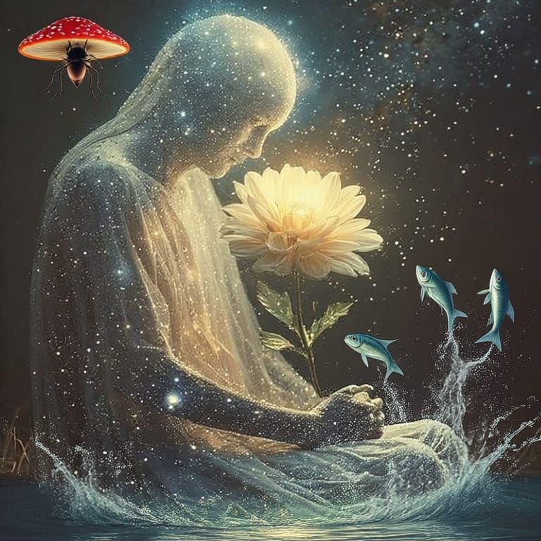 gently cradles a wilting flower