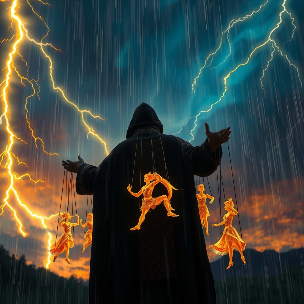 Fantasy Puppeteer Mastering Stormy Marionettes in Vibrant Tw...