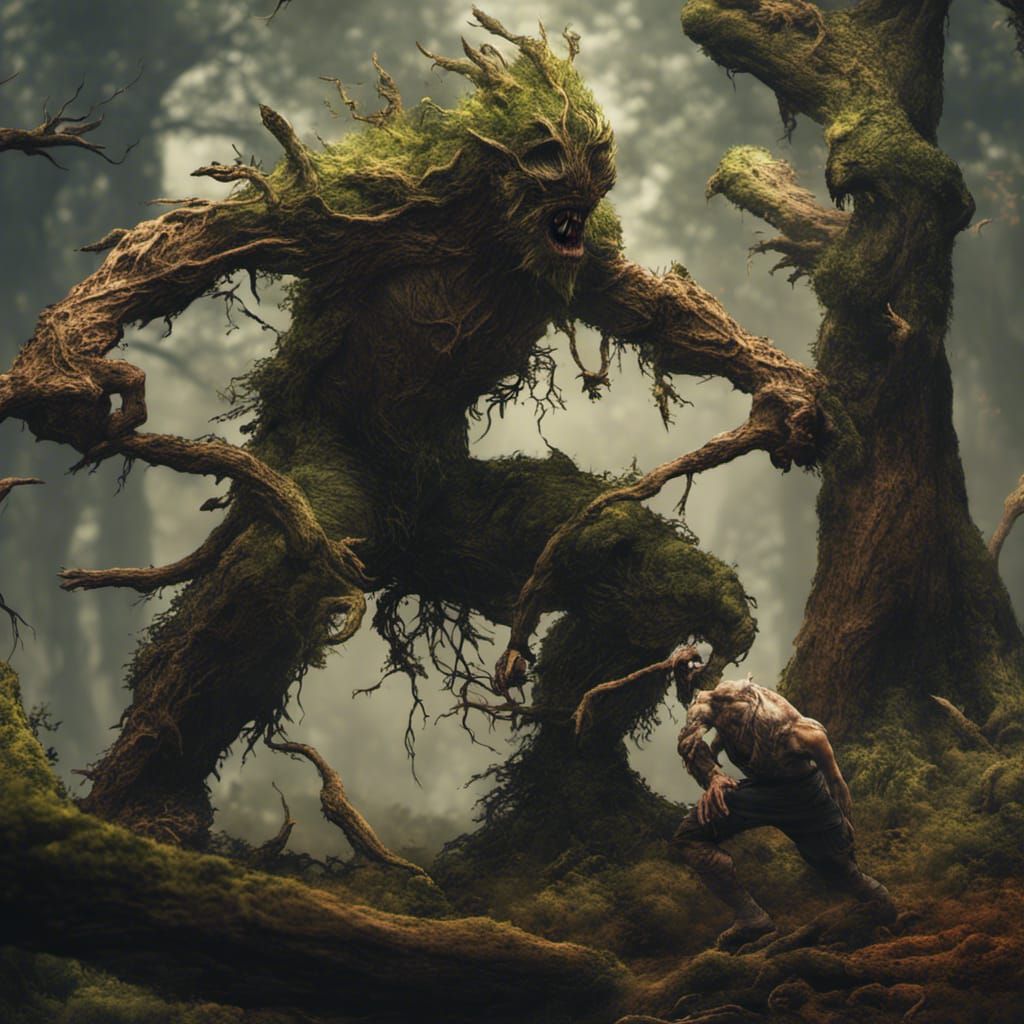 treeman fighting a treeman with sticks