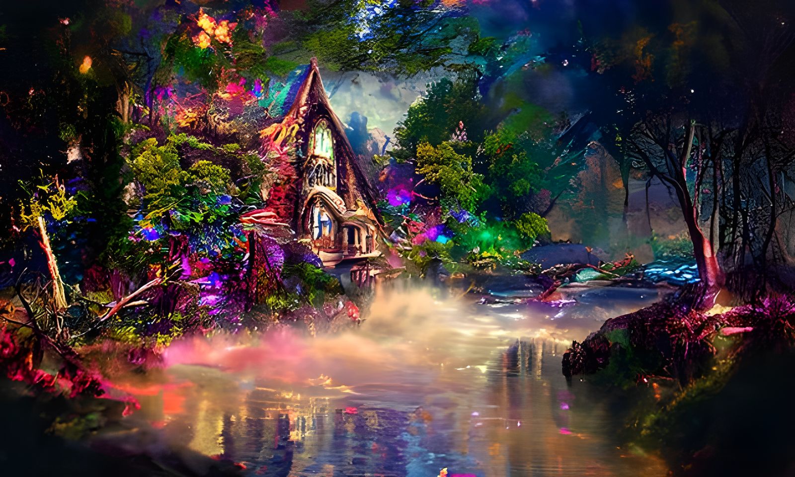 A little old magical witch house in a forest and a little dr...