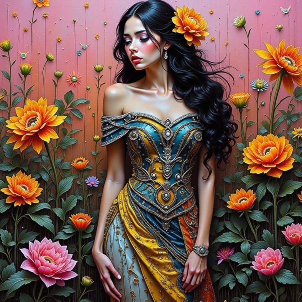 <lora:2112:1.0> richly detailed portrait using a palette of pink, orange, dark gray, pink, dark gray, featuring vivid te...