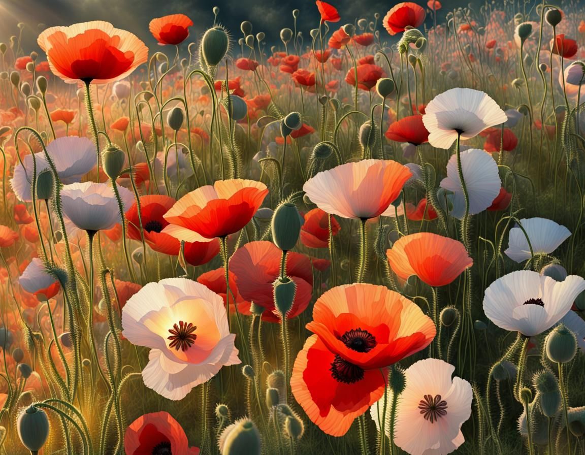 a variety of gorgeous poppies packed in a field with dusk li...