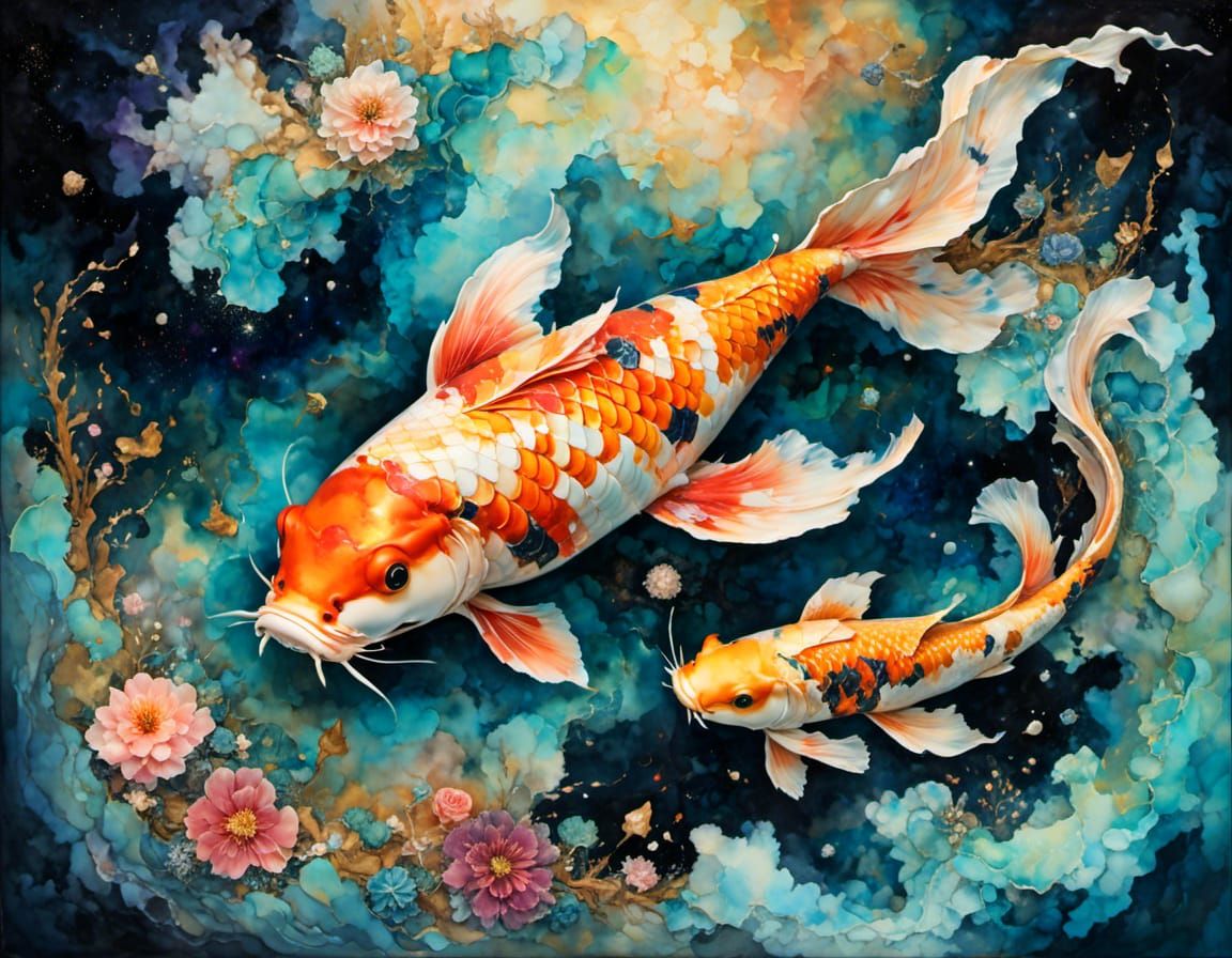 a koi fish in the cosmic sea in hyperkraximalism style<lora:hyperkraximalism:1.0>