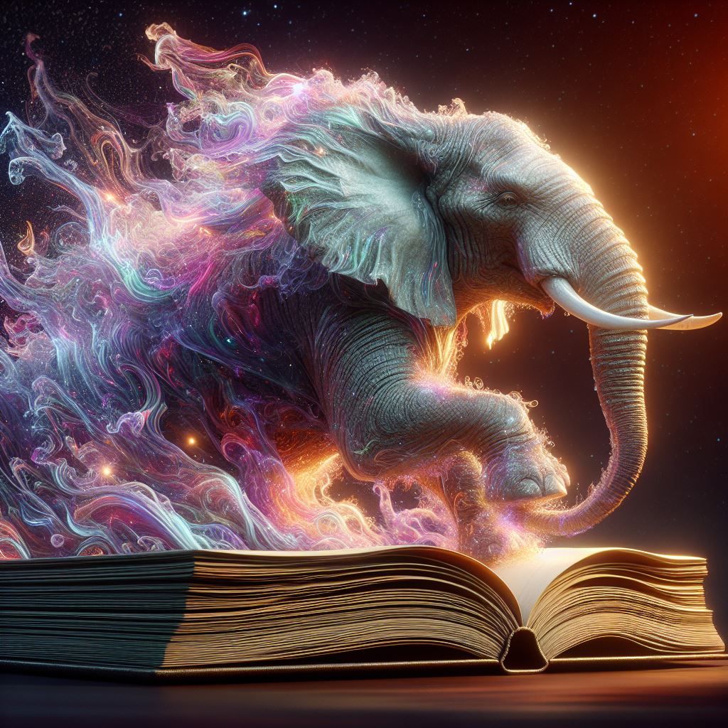 Fantasy  Elephant escaping from a Book
