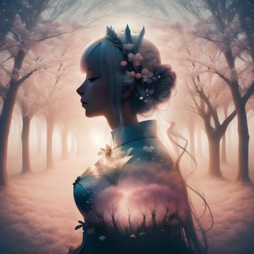 Spring Goddess, Floral, soft sunlight, Spiral Moving cloud, Double exposure art, inside the silhouette, <lora:ShadowBlend Portrait:1.0>