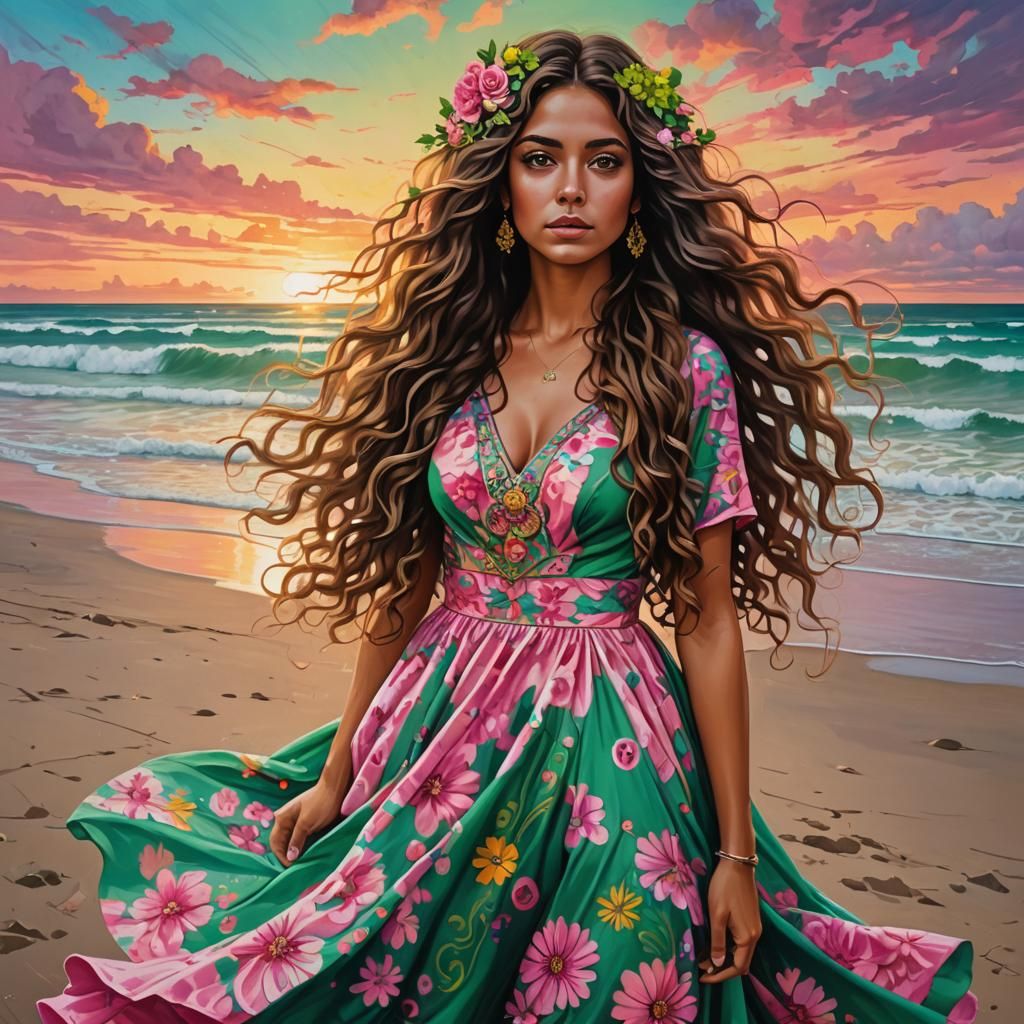 Gorgeous Woman in Pink Dress: Graffiti Art Style