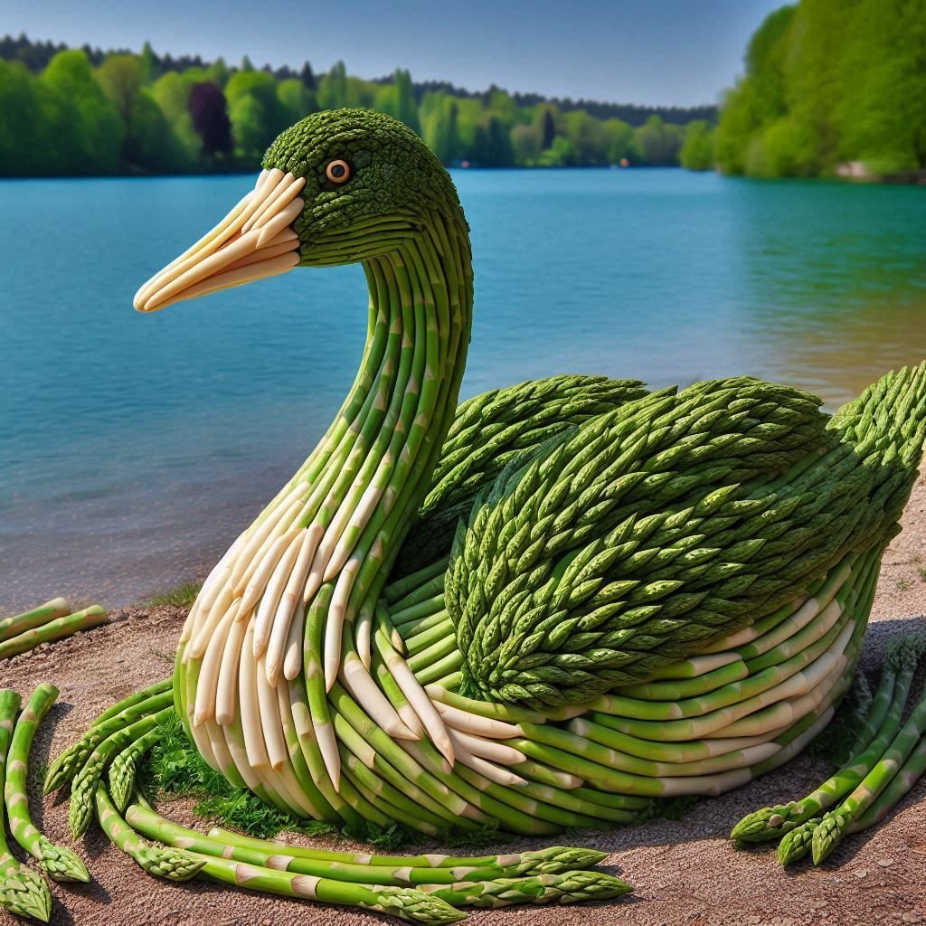 A goose made entirely from asparagus