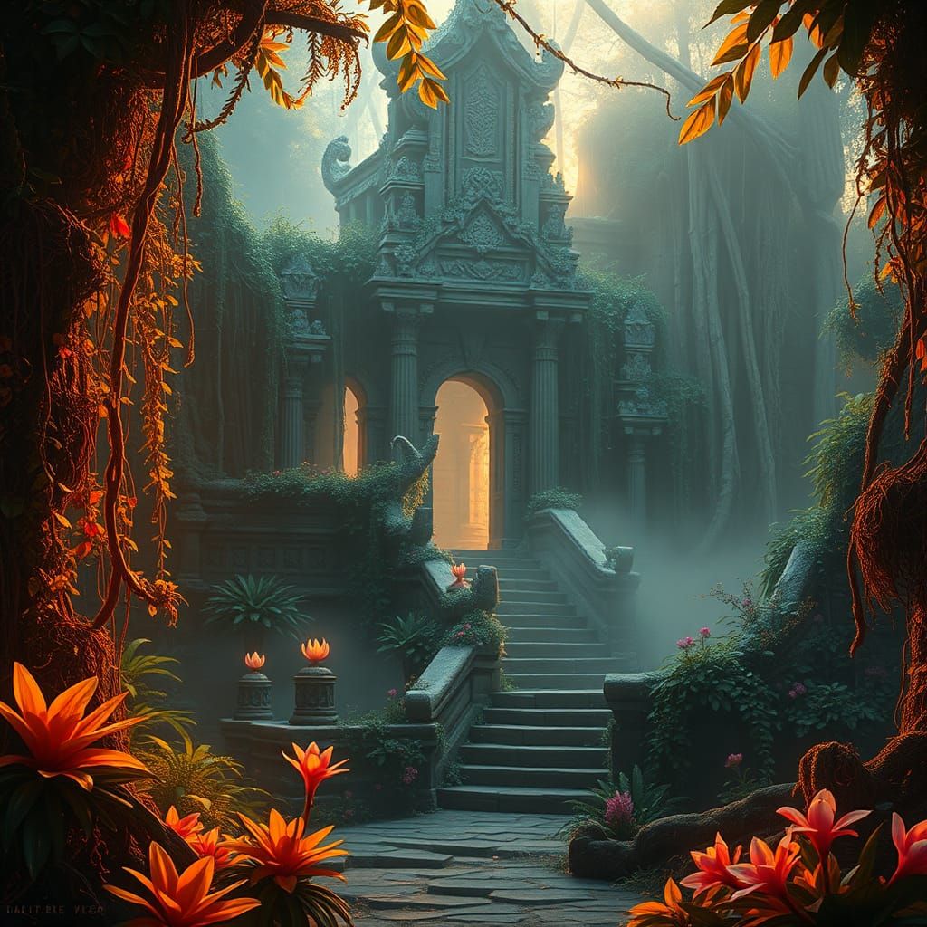 Mystical Jungle Temple Ruins in Golden Light
