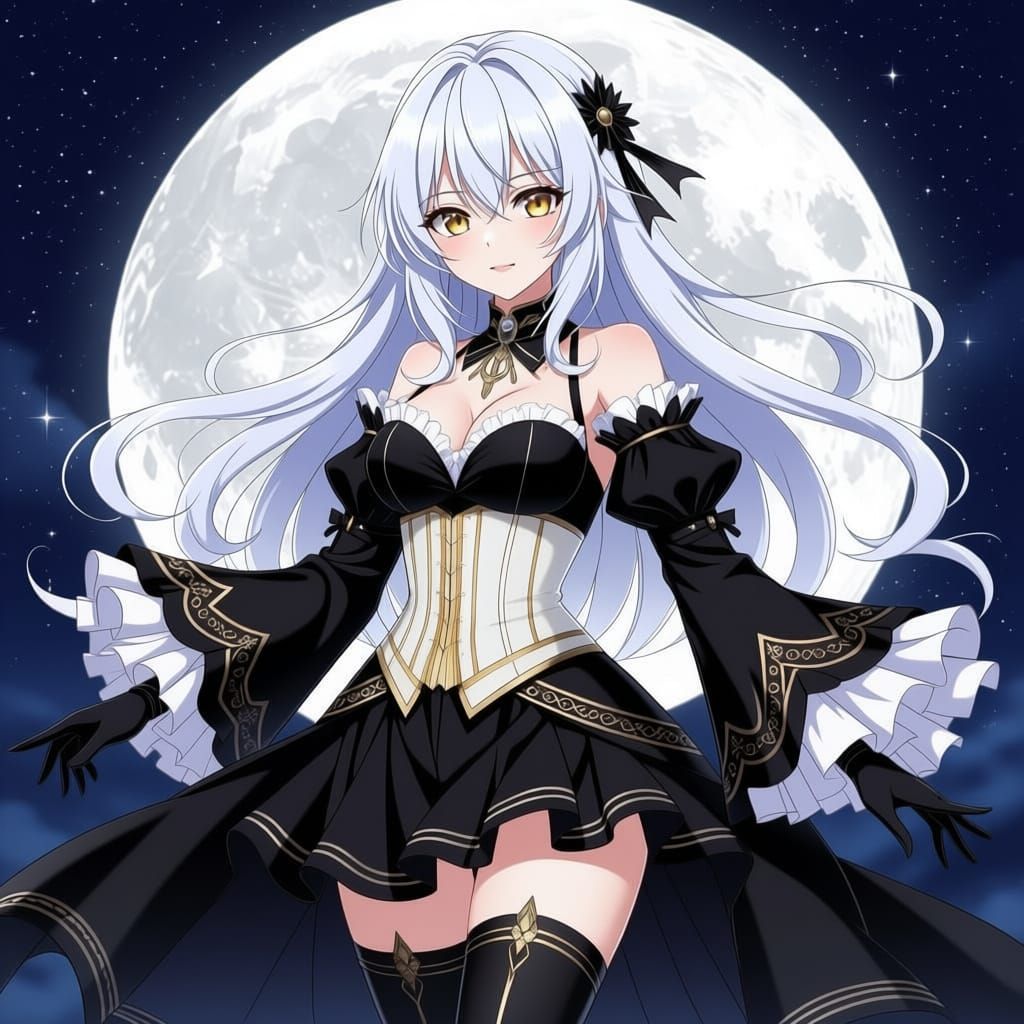Gabriel standing with the moon behind her and her pure white long wavy hair cascading gracefully around Her striking gold eyes sparkle with ... - Start Image 1