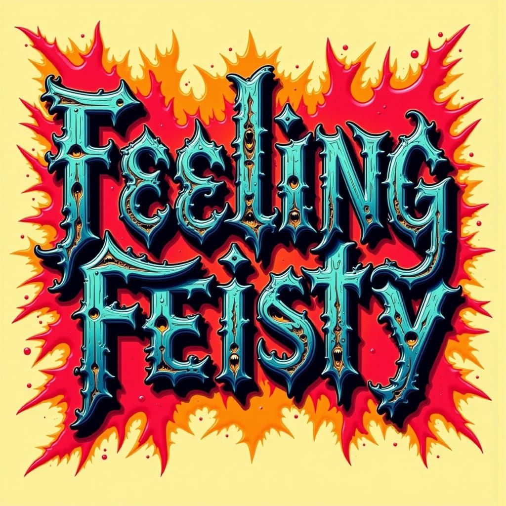 the words "Feeling Feisty" written in dark, sinister font with smiles <lora:Words:1.0> <lora:Capital letters:1.0> <lora:Screen Printz:1.0> c...