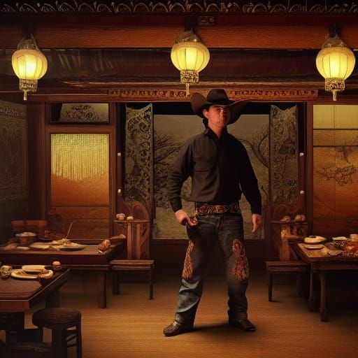 Cowboy in a oriental saloon