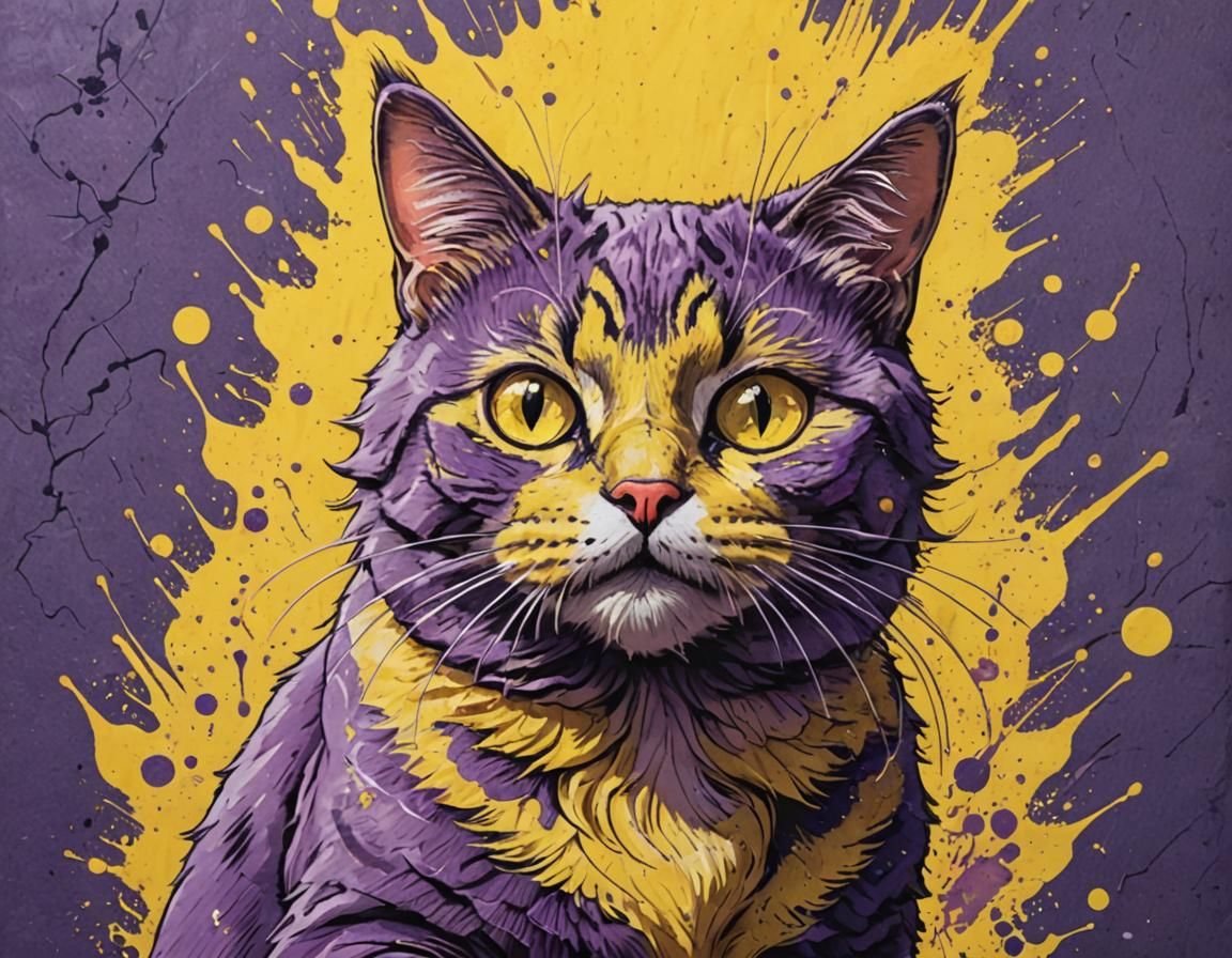 A mischievous cat with magical powers. biopunk hyperdetailed AutoCAD 8K resolution chalk art pop art yellow and purple R...