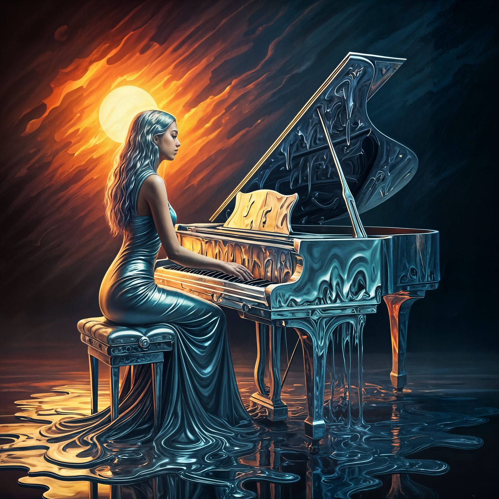 Surreal Chrome Goddess Melts Piano in Dynamic Encaustic Art