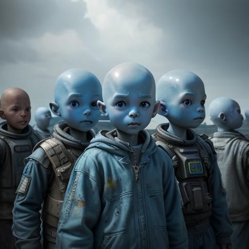 A group of bald sky blue alien children, living on the edges...