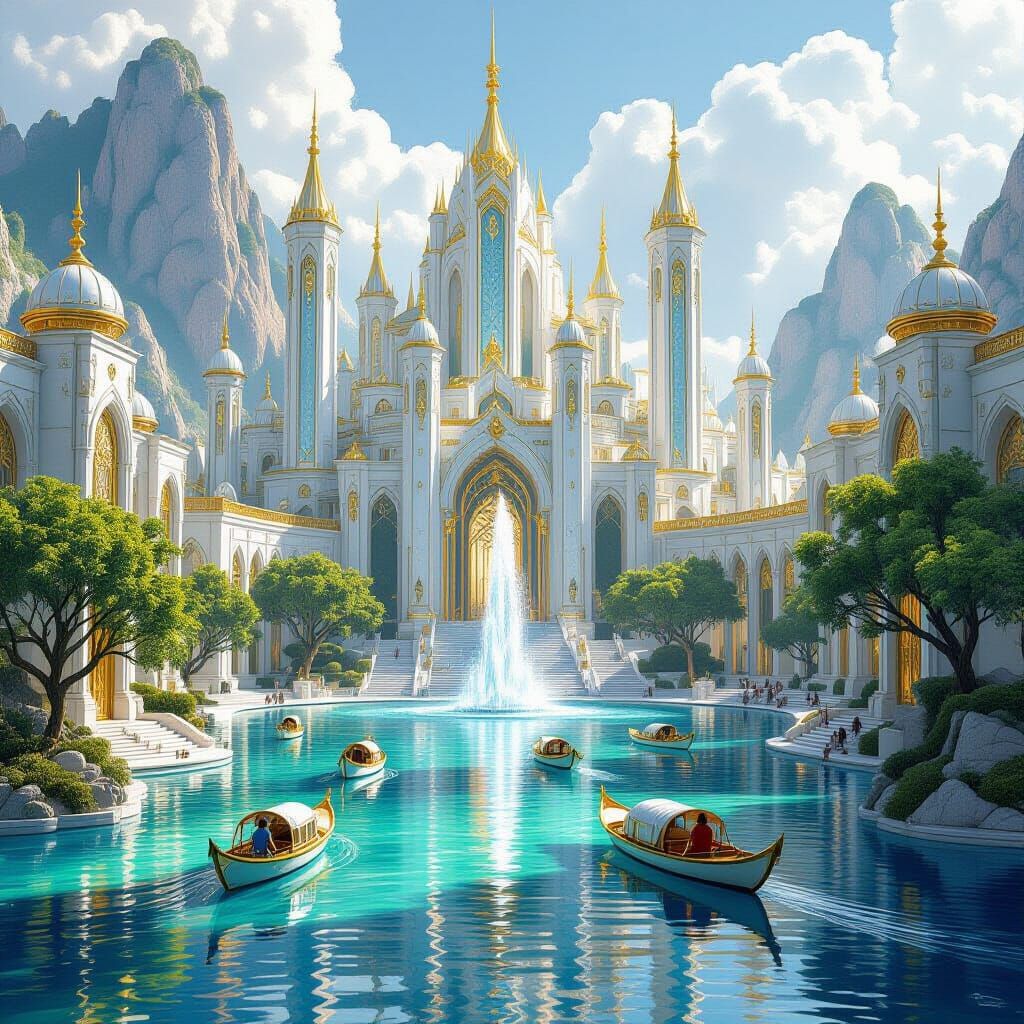 A port near the ocean in a beautiful elven city made of white marble and crystal gilded in gold, lush trees, fountain, boats in the water, a...