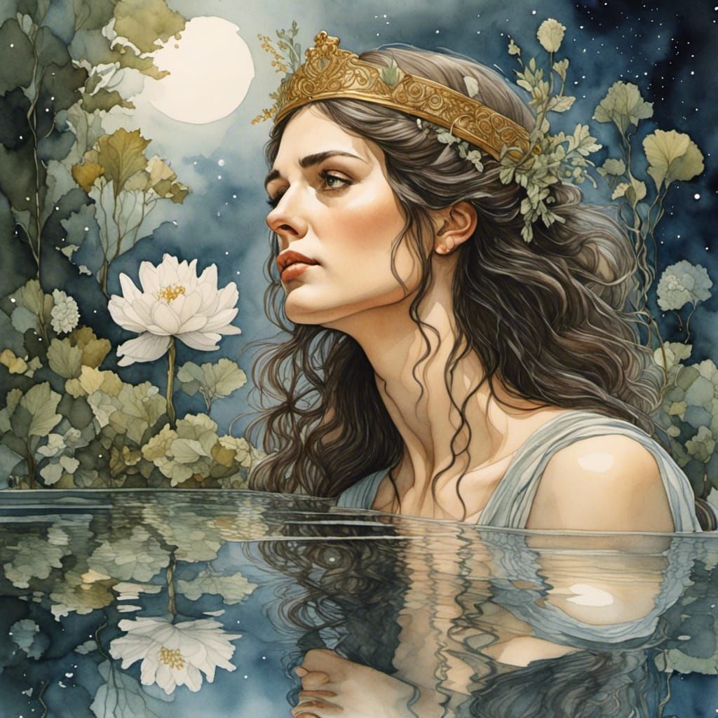 Ornate Greek Goddess Reflecting in Pond