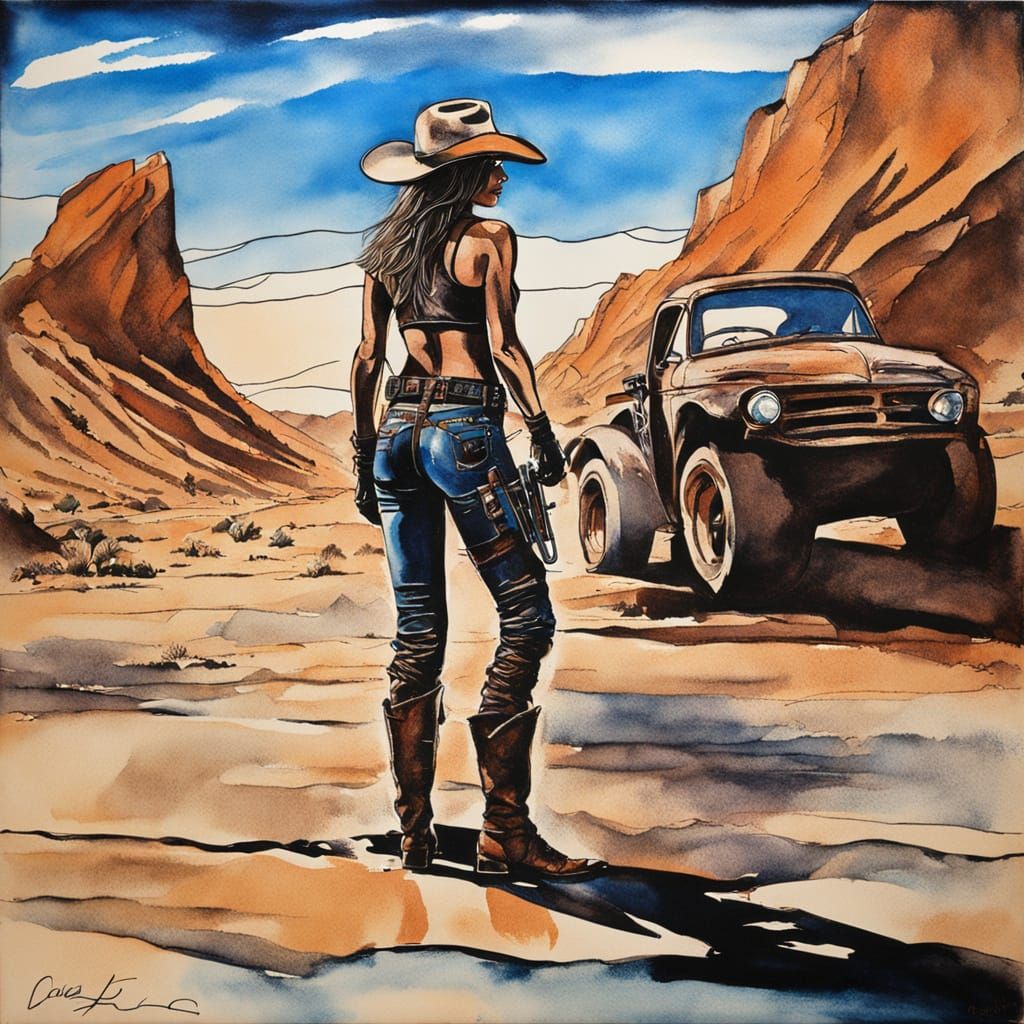 Vintage Cowgirl in a Mad Max Silhouette, with a Blue Sunlit ...