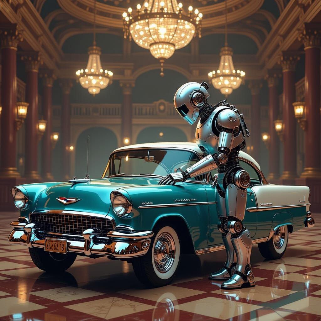Concept art. A steampunk-inspired robot butler meticulously polishing the chrome of a vintage 1955 Chevrolet Bel Air. The scene is set insid...