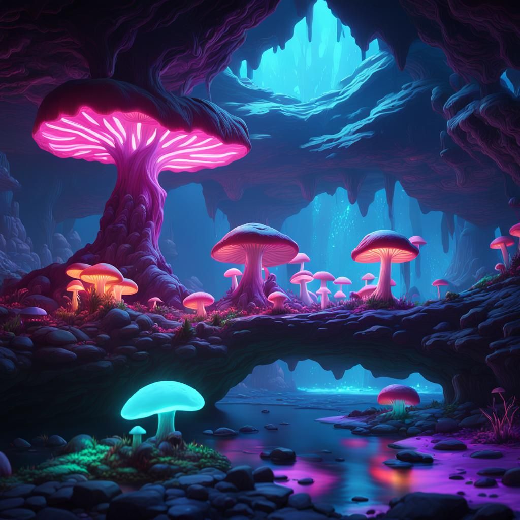Cave full of glowing mushrooms
