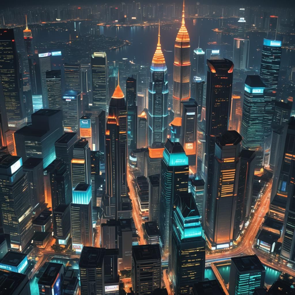 A nighttime skyline of Jakarta Indonesia with skyscrapers and famous monuments.