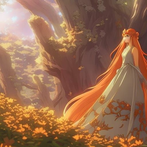 woman long orange hair in ornate dress forest flowers goddes...
