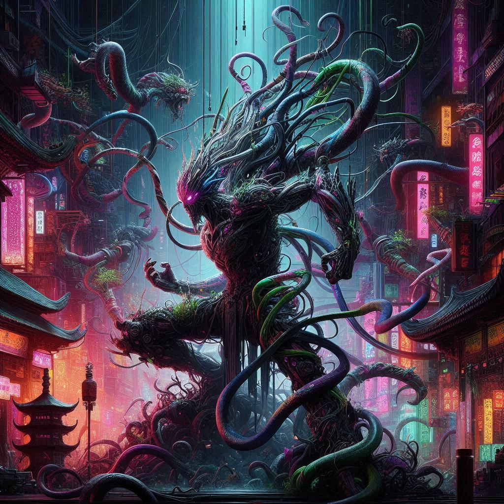 A fusion of Audrey II from Little Shop of Horrors and Lo Pan from Big Trouble in Little China, set in a chaotic, neon-lit Chinatown, with te...