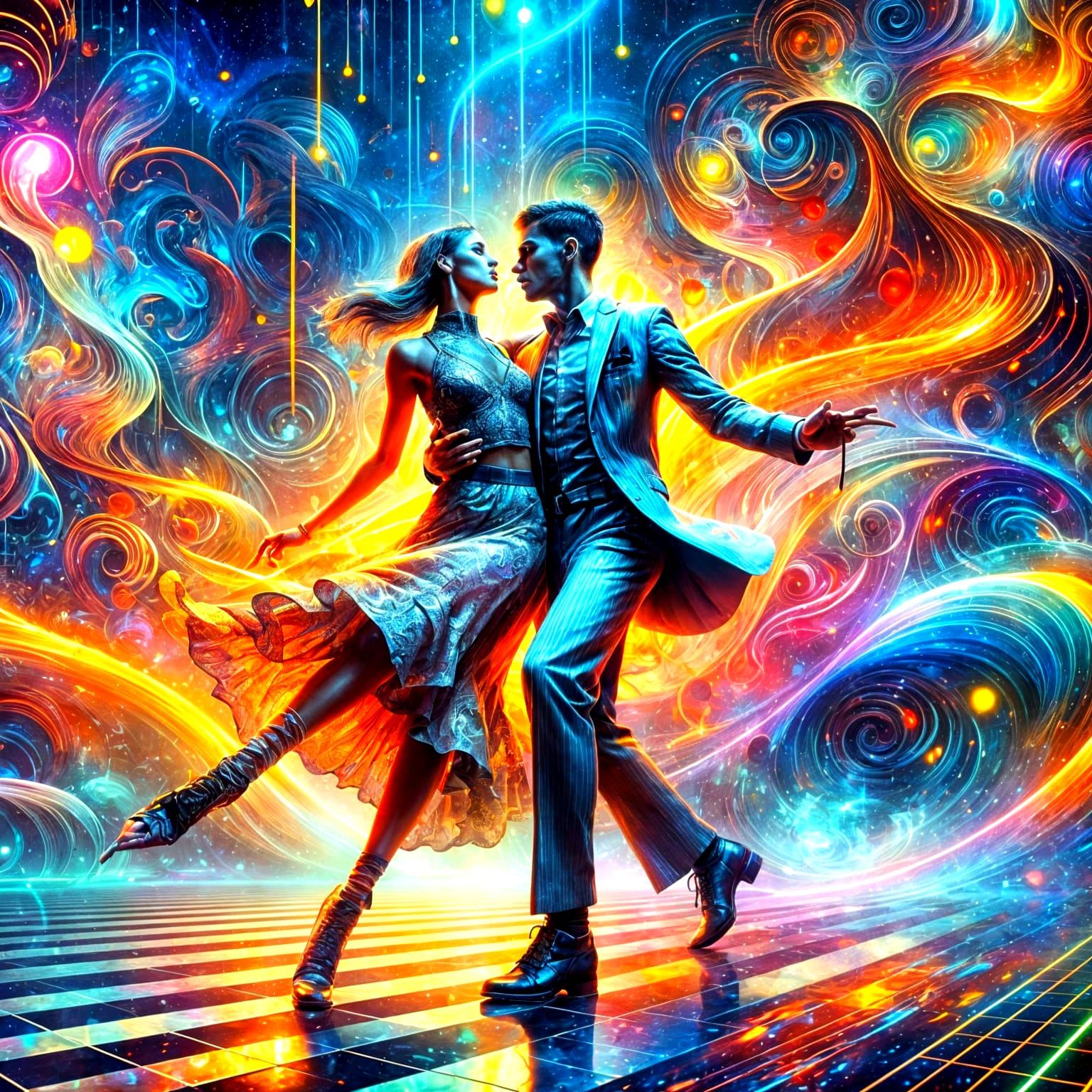Futuristic Couple Dancing in Dreamlike Nightclub