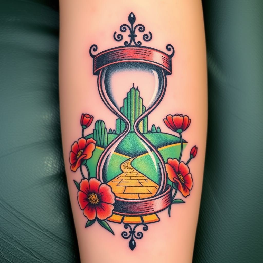 A tattoo of an hour glass with the Emerald City behind it surrounded by red poppies and a trail of yellow bricks with a style that brings to...