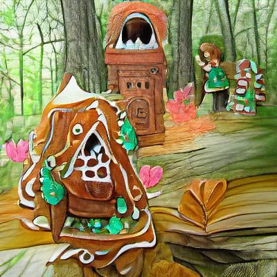 Enchanted gingerbread house in the woods storybook illustrat...