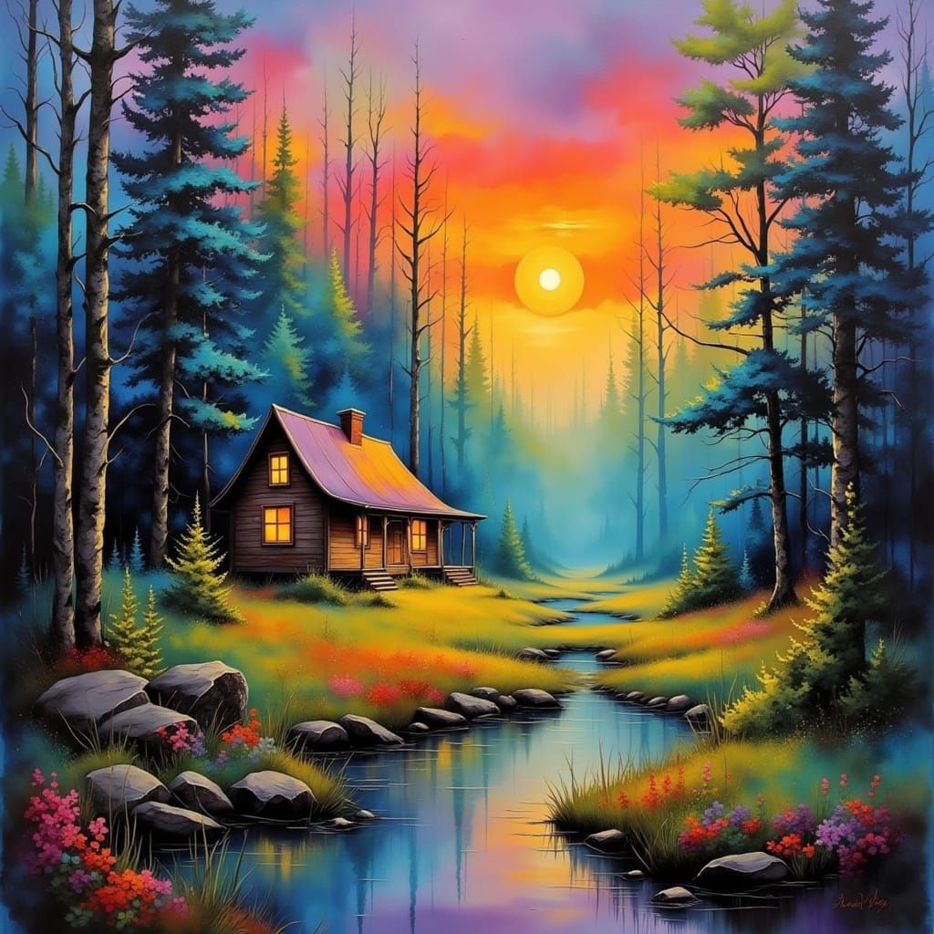 Grungy touch,The most beautiful natural scene, view of a cabin nestled in between a cluster of trees, in the deep forest. Colorful vibrant p...