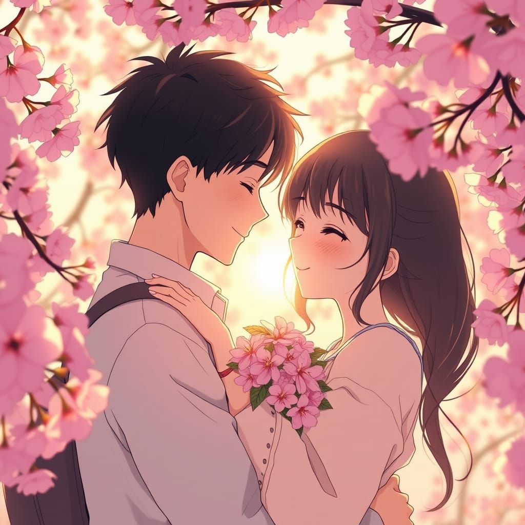 Romantic Anime Key Visual of Young Couple in Cherry Blossoms