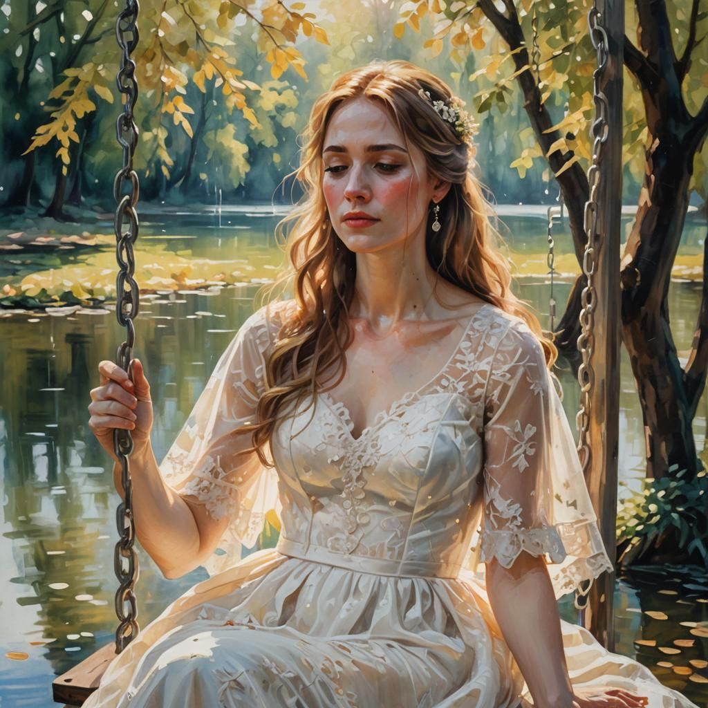 Big brush, a young woman in a wedding dress sitting on a swi...